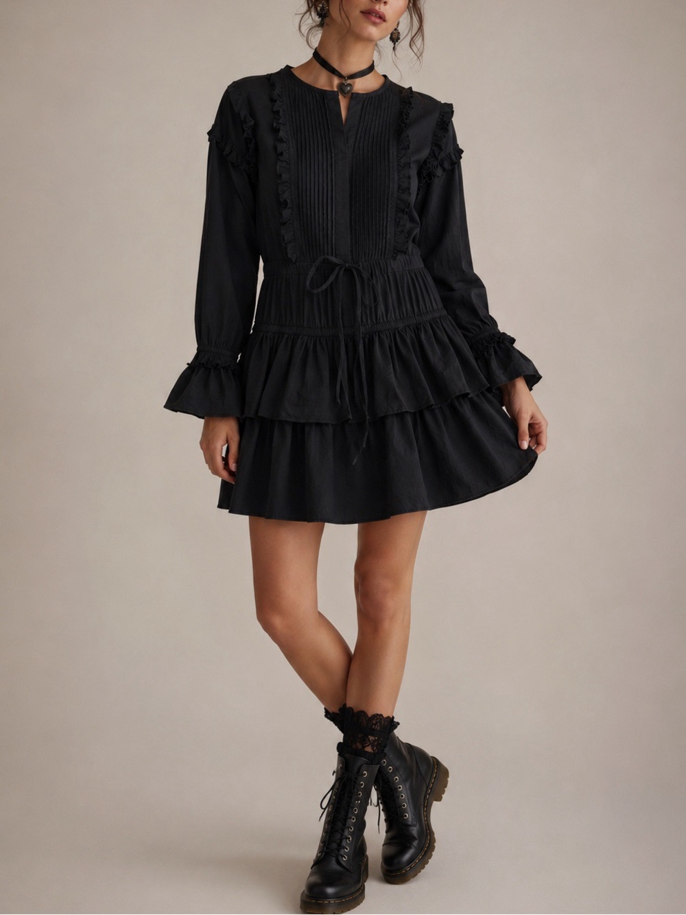 English Factory Woman Black Poplin Tiered Ruffle Mini Dress MEDIUM Whimsigoth